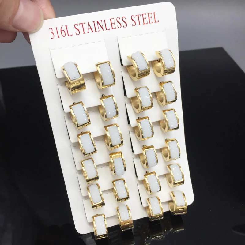 

12pairs/lot Hot sale white Rock Punk Men Earrings Stainless Steel Hoop Earrings Jewelry Wholesale Earrings for Male And Female