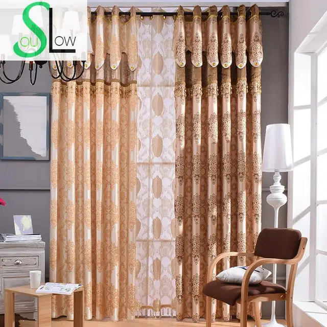 Slow Soul Yellow Brown Curtain European Style Gold Embossed Jacquard Slow Soul Yellow Brown Curtain European Style Gold Embossed Jacquard Pleated Curtains For Living Room Tulle