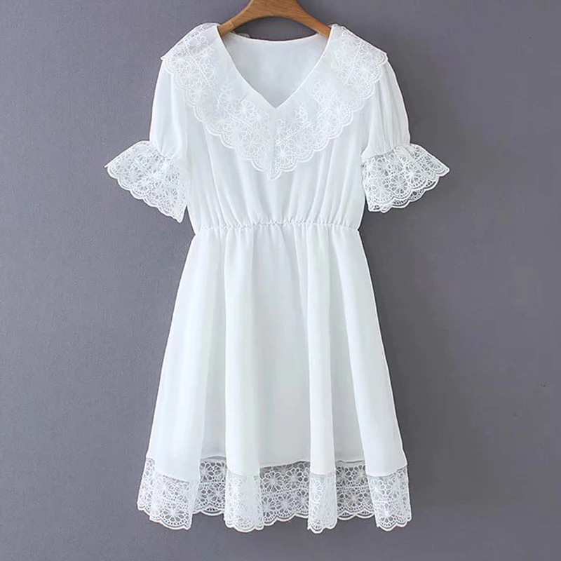 Women's Clothing Dress 2019 Chiffon V-Neck Ruffled Lace Flared Sleeve Dress Ms Summer Sexy Slim Fit Temperament Clothing