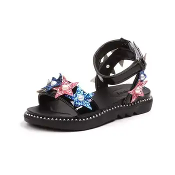 

JGVIKOTO Bling Star Glitter Leather Girls Sandals Soft Fashion Princess Kids Beach Sandals Ankle Strap Children's Sandals 26-36