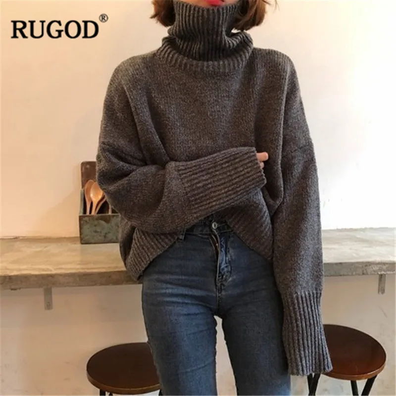 RUGOD Fashion Solid Knitted Pullover Lady Casual Turtleneck Simple Jumpers Korean Style Sweater Termperament Streetwear | Женская одежда