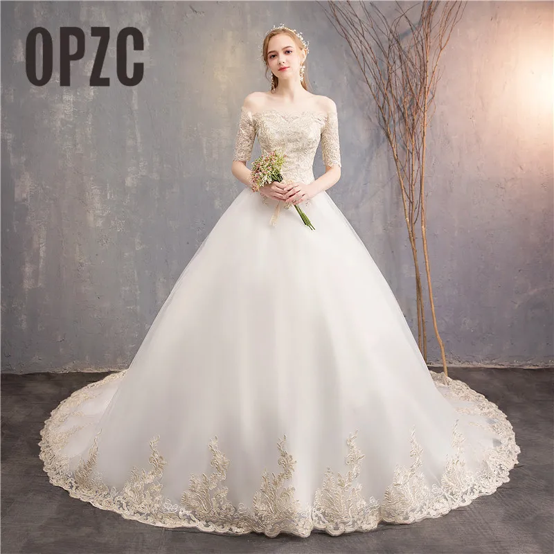 Vintage Lace Embroidery Luxury Train 100cm Wedding Dresses Elegant