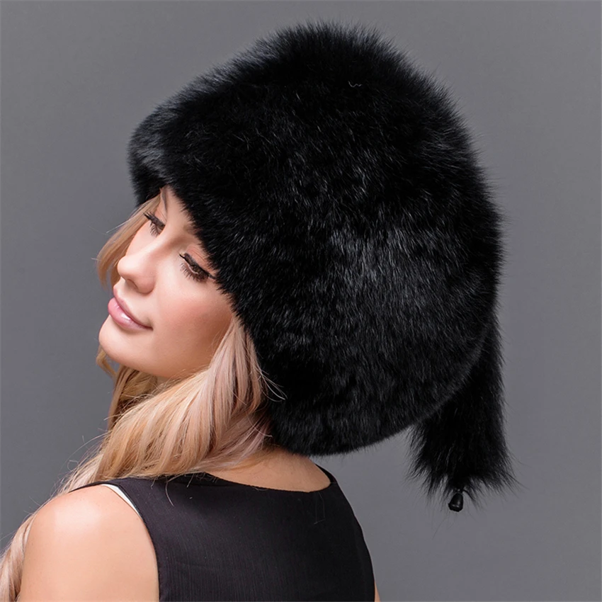 Женские зимние шапки-бомберы, теплая зимняя шапка, натуральный Лисий мех, шапка с хвостом, толстая зимняя шапка, уличная Лыжная шапка