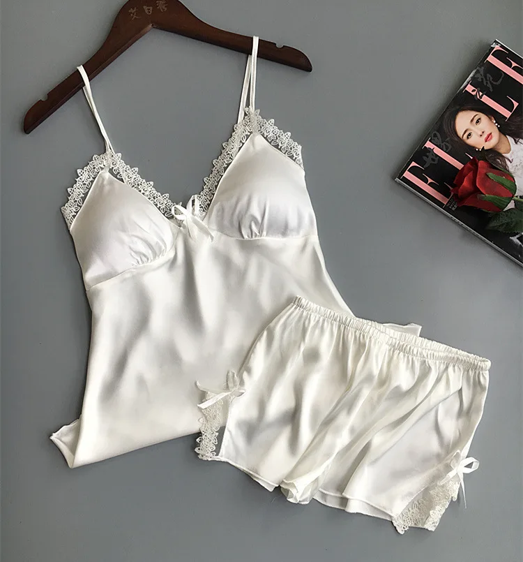 Queenral комплект из 2 предметов пижамный комплект для женщин сексуальное женское белье пижамы Ночная рубашка шелковый атлас пижамапижама женскаяпижамыпижамы женскиеженская пижаманочнушка домашняя одеждашелковая пижам - Цвет: white