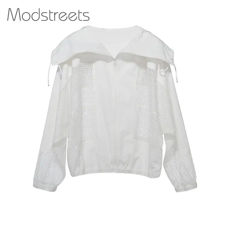 Modstreets Hollow Out Women Basic Jacket Solid White Drawstring Transparent Zipper Casual Thin Slim Autumn Coat Bomber Jacket