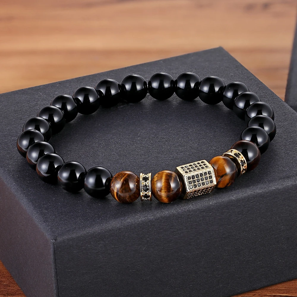 African CZ Charm Stretch 8MM Tiger Eye Shiny Black Beads Bracelets