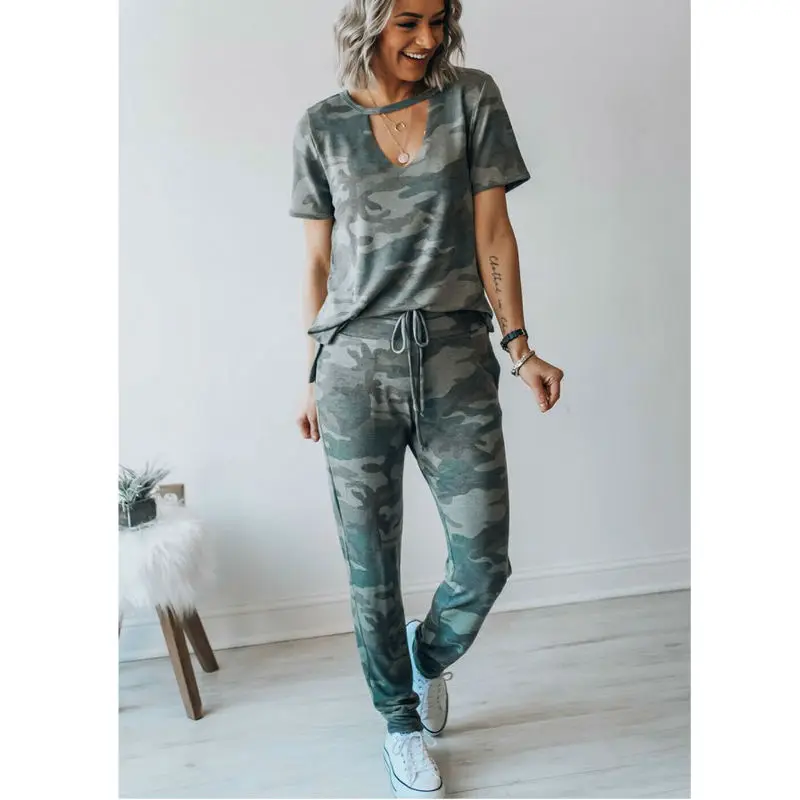 

Fashion Causal Ladies Women's set of Camouflage Short Sleeve Top Long Pants Summer Lounge Wear Sport Suit for Women