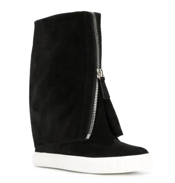 

Hot Fashion Black Cow Suede Mid-Calf Shoes Zip Round Toe Height Increasing Women's Shoes Platform Free Shipping Women's Boots