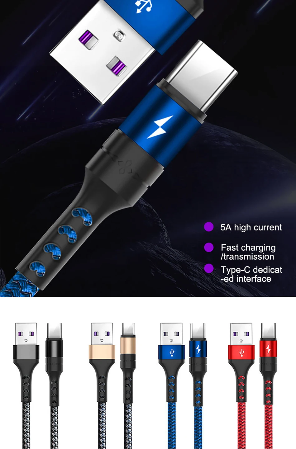 NOHON 5A Type C USB Fast Charging Cable For SamSung Galaxy S8 Plus For Xiaomi Mi5 Charge Data Cable For Huawei P20 Mate 9 10 Pro (2)