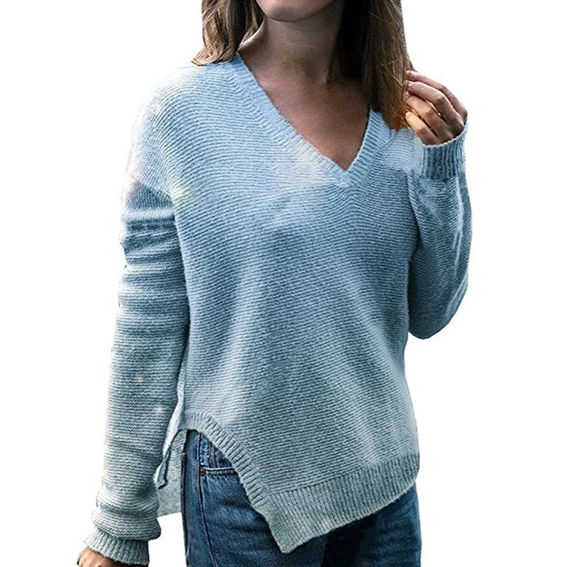 Women Long Sleeve Knitted Sweater Lady V Neck Casual Blouse Tops Pullover Jumper