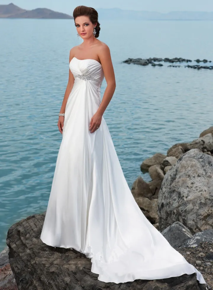 

Empire White Elastic Satin For Pregnant Women Dresses Beach Wedding dress 2016 cheap brides dresses lace up beading crystal