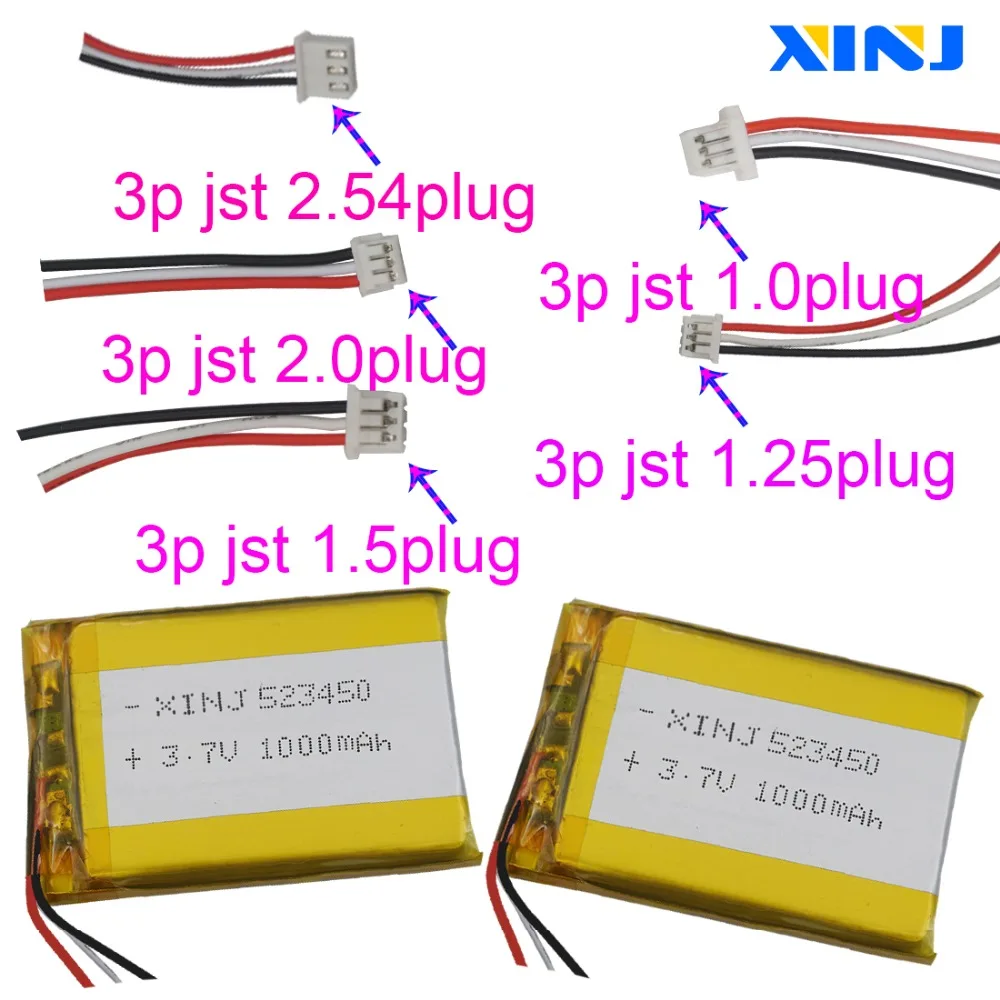 

XINJ 3.7V 1000mAh player Lithium Polymer Battery 523450 3p 1.0/1.25/1.5/2.0/2.54mm plug For GPS PDA Camera Car navigation Music
