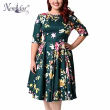 

Nemidor Women 1950s Vintage Half Sleeve Print Plus Size 8XL A-line Dress Sexy V-low Back Cocktail Knee Length Casual Swing Dress