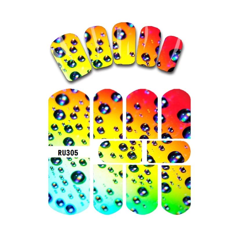 UPRETTEGO искусство ногтей Красота вода наклейка слайдер стикер для ногтей неоновая Радуга красочные пузыри капли воды RU301-306