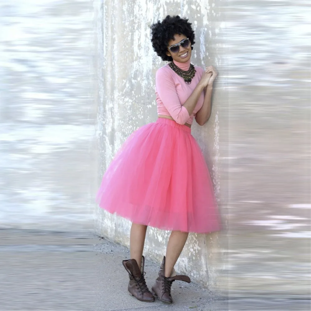 Hot Sale Puffy Tulle Skirt Elastic Waist A Line Knee Length Skirt Classical Tutu Skirts Women-in