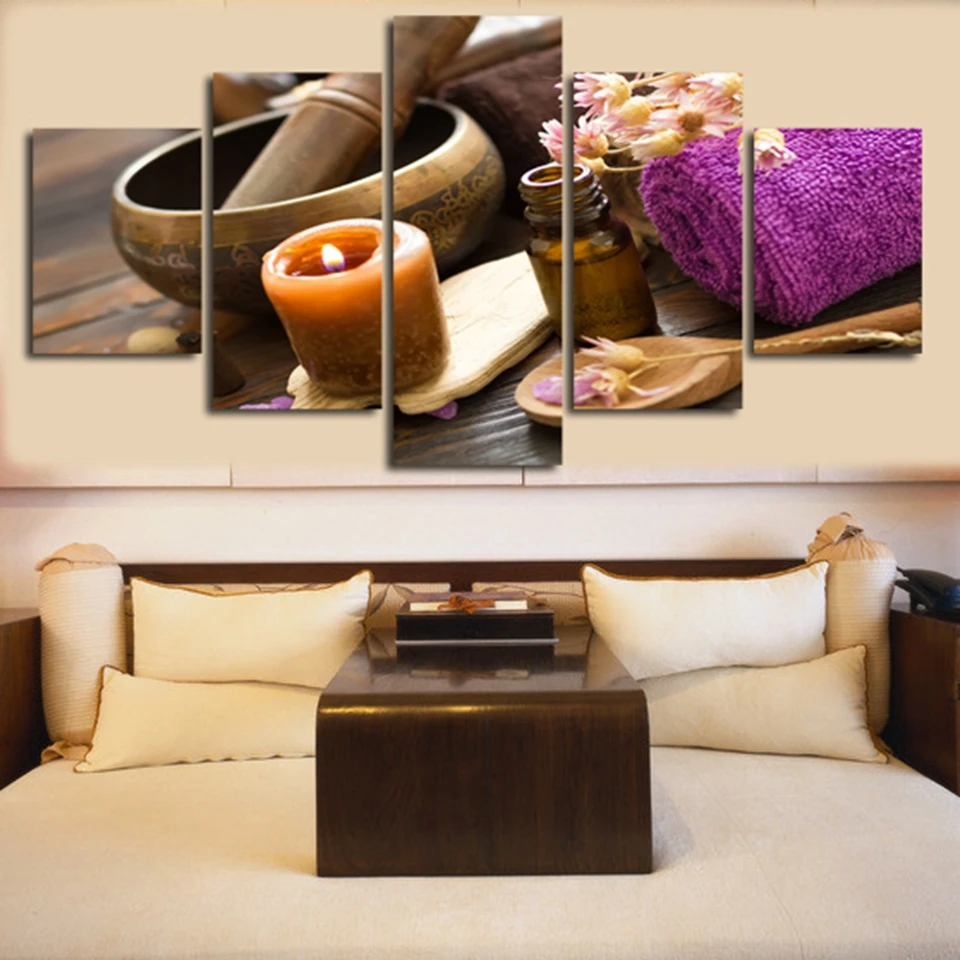 

Canvas Wall Art Pictures Frame Home Decor Living Room Poster 5 Pieces Candle Aromatherapy Flower Wooden Bowl HD Printed Painting