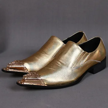 

Plus Size Gold Genuine Leather Man Loafers Pointed Toe Slip on Modern Footwear Metal Tipped Men's Runway Party Shoes SL398