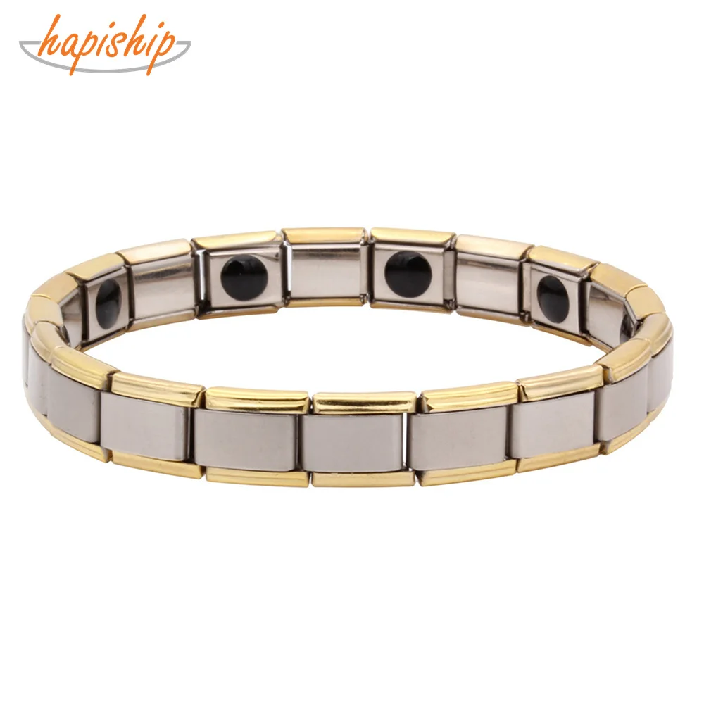 

Hapiship 9mm Width Women 18Links Gold Stainless Steel Chains Charm Energy Bracelets Tourmaline Bangle Bracelet GE-9-A