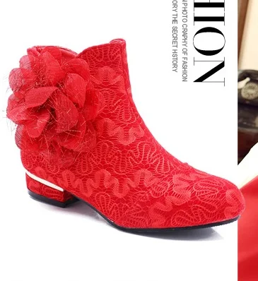 Женские ботинки; обувь на низком каблуке на меху с цветочным кружевом; Свадебная обувь; Botas Mujer Zapatos; очаровательные ботильоны с круглым носком; Зимняя Красная обувь на молнии