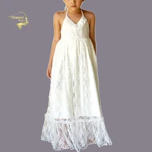 Детское простое кружевное платье с бретельками богемное пляжное платье принцессы для маленьких девочек свадебное платье с цветочным узором для девочек цвета слоновой кости vestidos para comunion