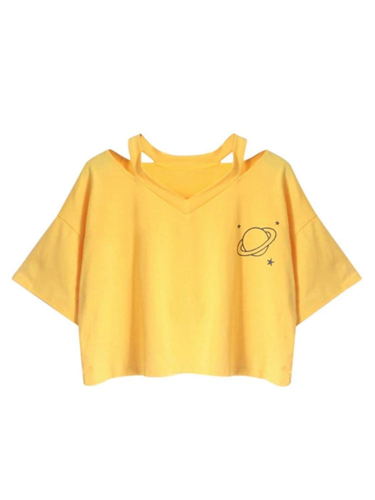 Оптовая продажа футболки для женщин с принтом планеты 1980т одноцветная Женская