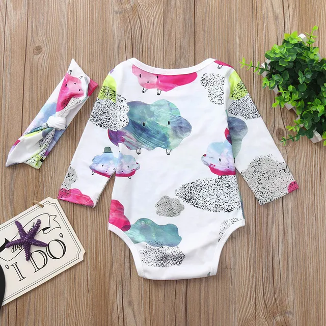 Kids Baby Long Sleeve Cartoon Clouds Print Outfits Clothes Romper+ Hair Strap Two Piece Set Sweet Baby Kids Clothing Set