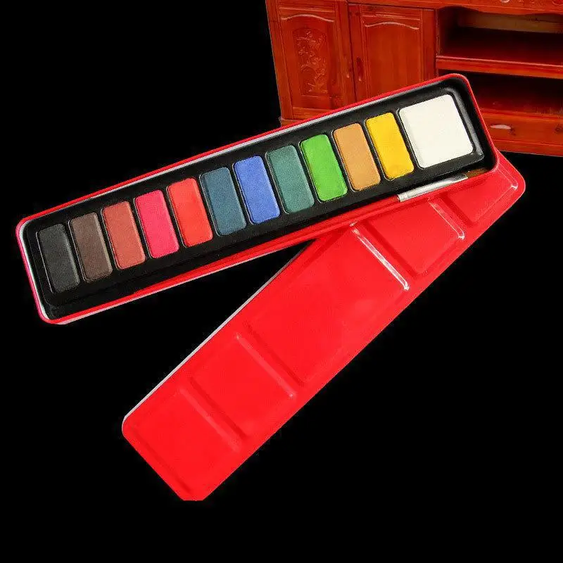 

12 Color Solid Water Color Painting Set Box With Water Brush Bright Color Portable Watercolor Pigment Set Art Supplies