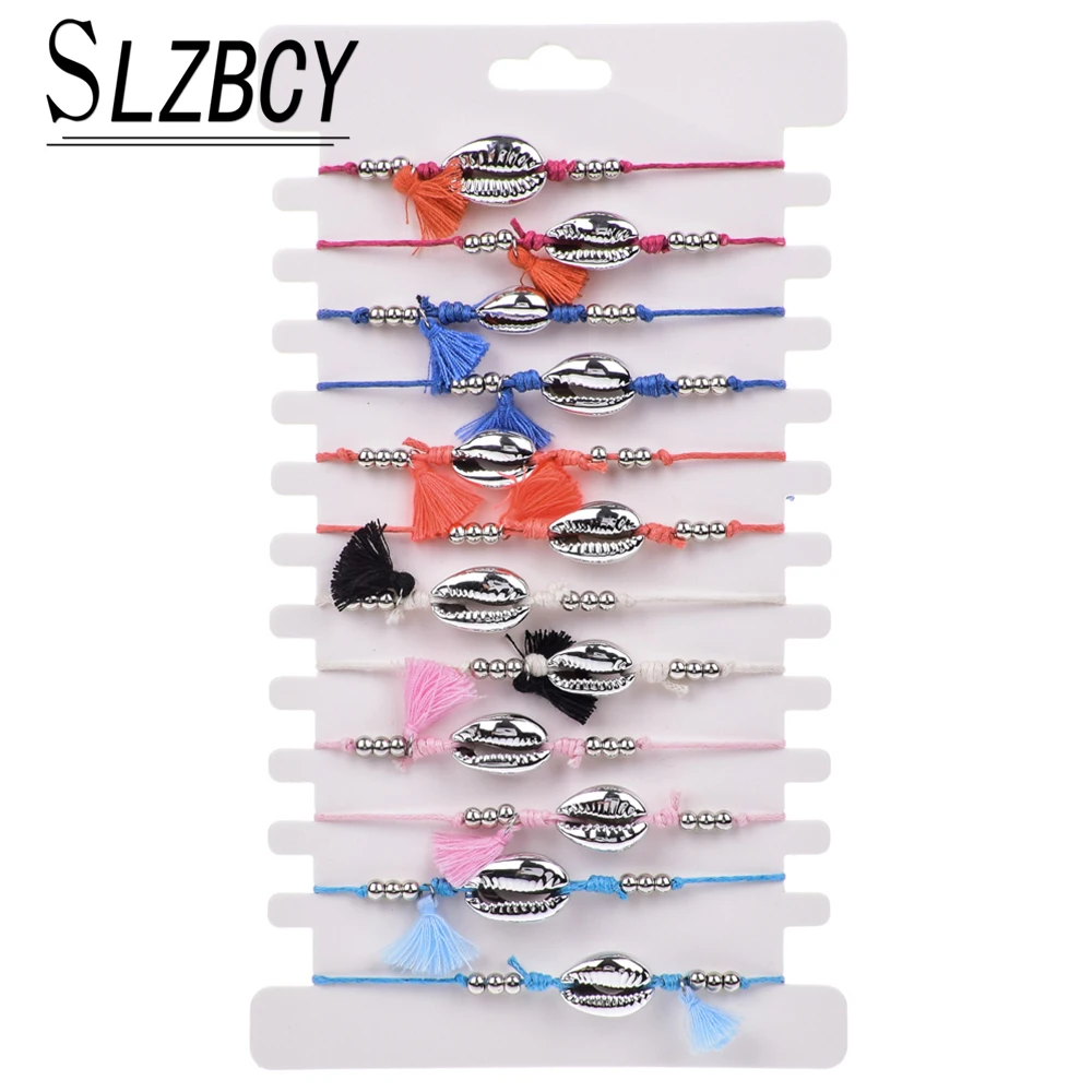 

SLZBCY 12 pcs/set Adjustable Shell Tassel Charm Bracelets Sets For Women Colorful Cotton Bracelet Bangles Fashion Jewelry Gifts