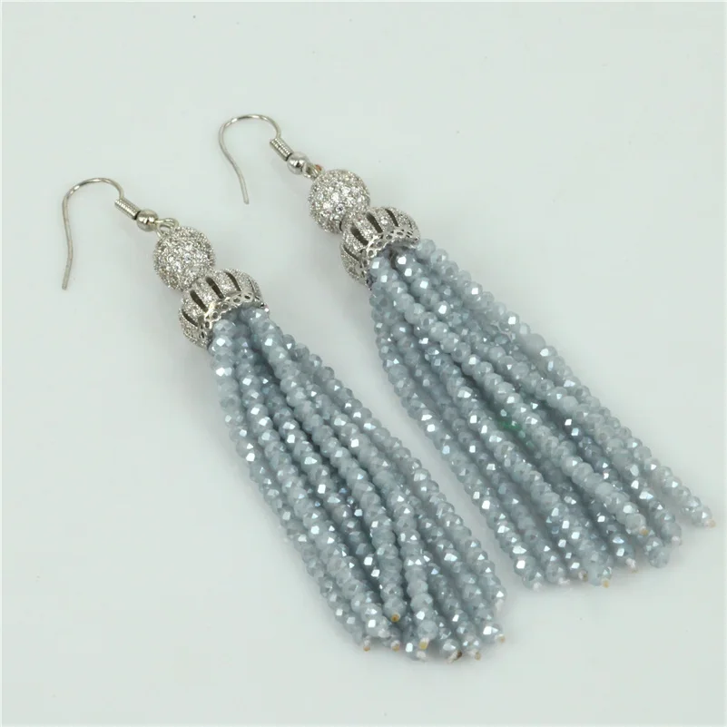 

bohemia white cz pure gold silver color crown connector charms with 2mm grey beads 10 rows tassels dangle earrings for women