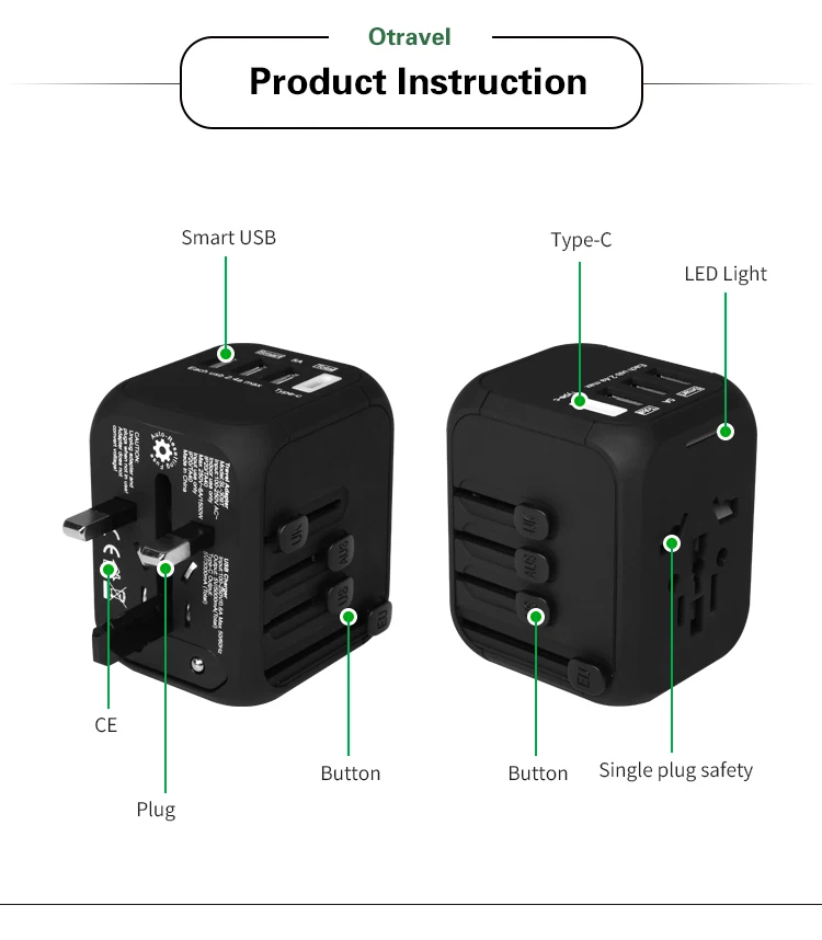 Plug Travel Adapter 309T International Universal Power Adapter All-in-one 5V 2.4A USB Type-c US UK EU AU Asia PLUG