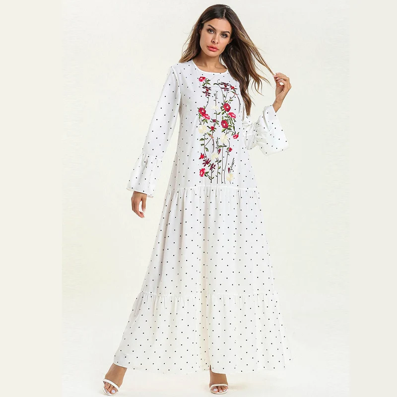 

White Ruffles Draped Maxi Long Dress Floral Embroidered Swing Dresses 2019 Spring Round Neck Long Sleeve UAE Muslim Casual Dress