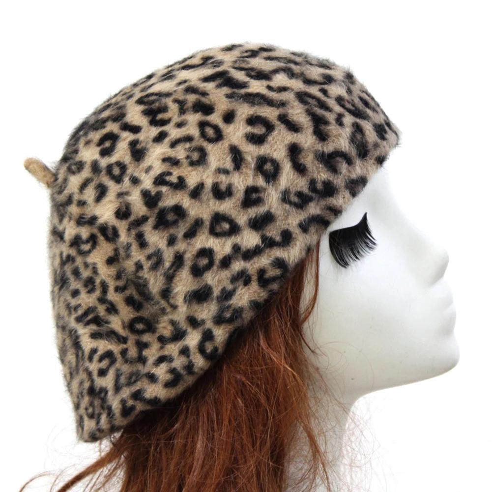 Женские береты с леопардовым принтом, зимняя шапка из кроличьего меха, теплые темпераментные модные береты, свободный размер, высокое качество, вязаная эластичная шапка для художника