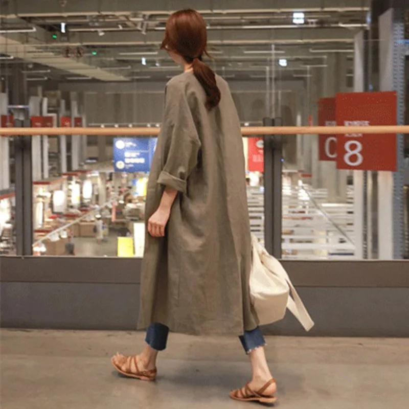 

Medium Long Cotton And Linen Sun Protection Clothing Female Autumn Large Size casual Loose Thin Over Knee Cardigan Trench Coat