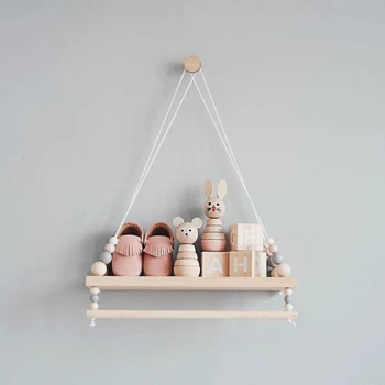 

Nordic Style Wooden Beads Wall Hanging Shelf Swing Rope Floating Shelves Display Storage Rack Decor For Home, Office, Cafe