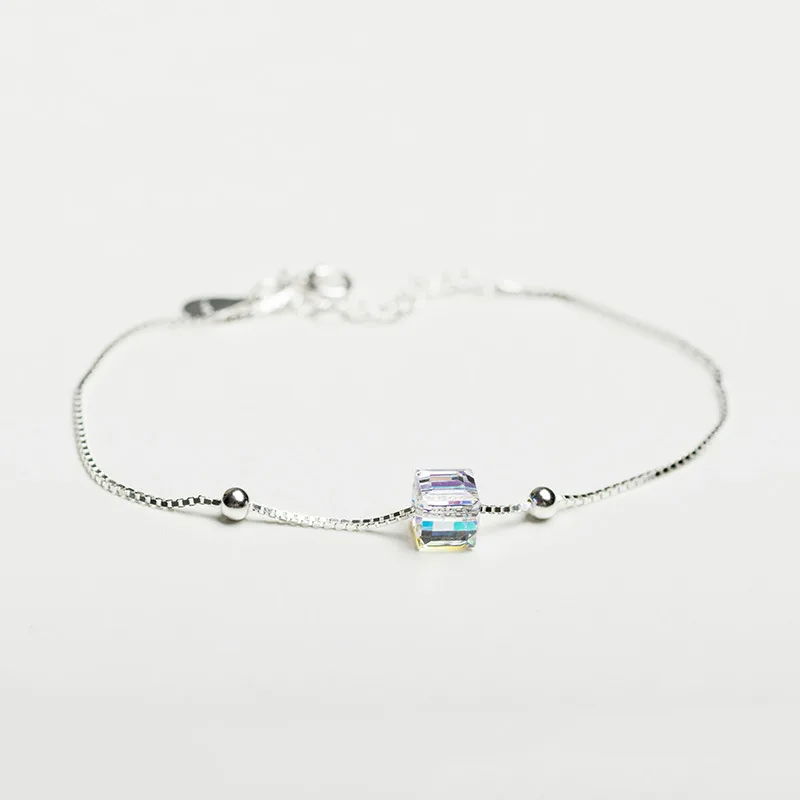 S925 Silver Bracelet Aurora Sugar Austrian Crystal Hand Jewelry Japanese and Korean Simple Fashion Sterling Chain | Украшения и