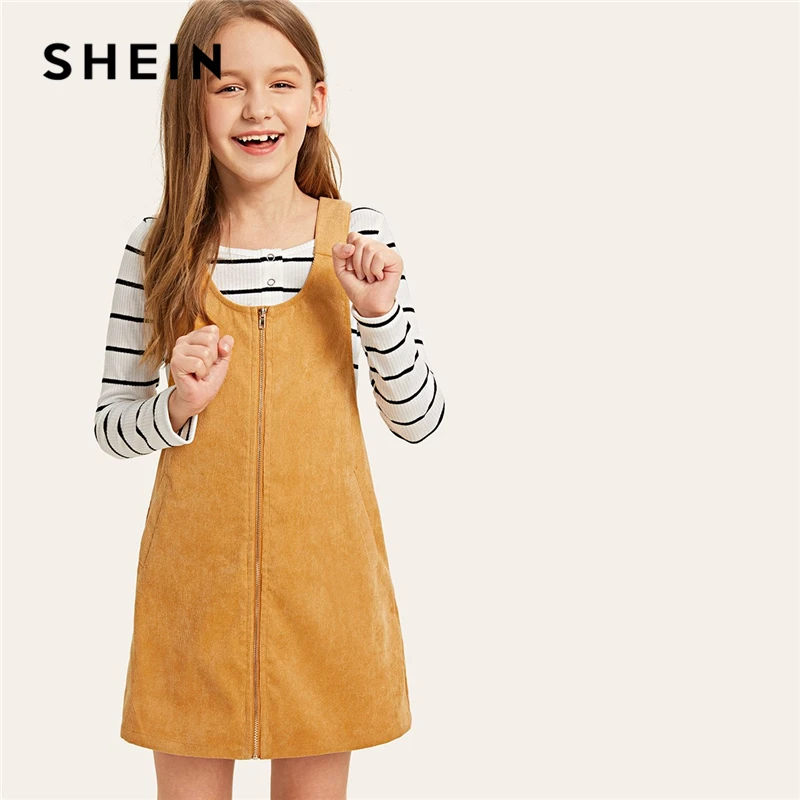 

SHEIN Kiddie Ginger Zipper Buckle Strap Back Pinafore Corduroy Girls Dress Kids Clothing 2019 Spring Casual Short Girl Dresses