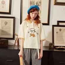 Дизайн женская летняя хлопковая футболка высокого качества дикая леопардовая вышивка отложной воротник женская белая футболка Топ