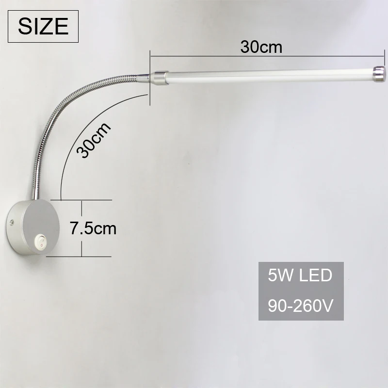 Светодиодный настенный светильник для чтения с переключателем 90-260 в 5 Вт, современный прикроватный светильник для спальни, серебристый светильник, регулируемый угол поворота 360 градусов