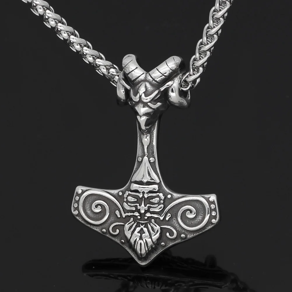 

Nordic stainless steel thor hammer Mjolnir goat odin head pendant necklace