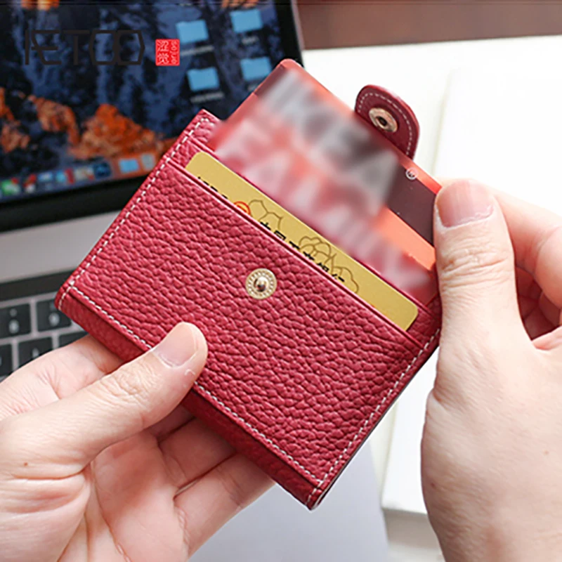 

AETOO Head cowhide Buckle card bag Lady leather driver's license mini cute small card set coin wallet