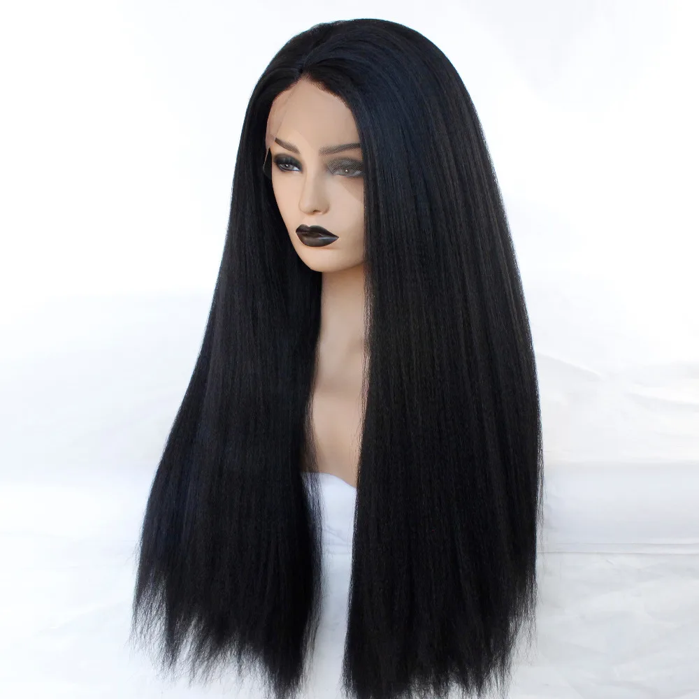 Synthetic Kinky Straight Lace Front Wig for Women, Natural Hairline, Black, Heat Resistant, Middle Part image 3