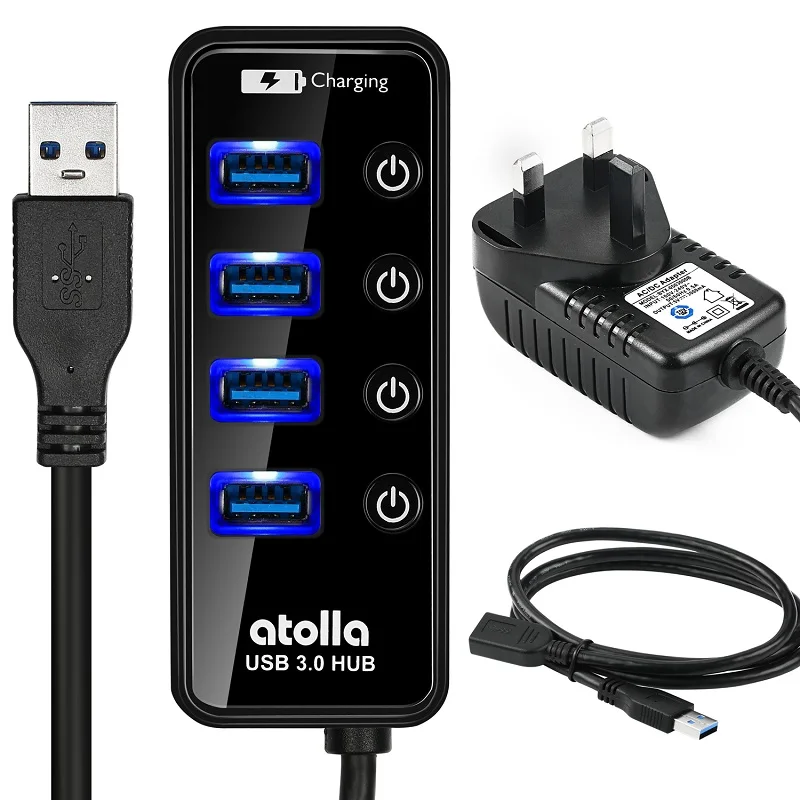 Atolla usb 3,0 концентратор с адаптером питания, 4+ 1 передачи данных и зарядки многопортовый, высокоскоростной 5 Гбит/с USB разветвитель для MacBook Air - Цвет: 4-port black UK kit