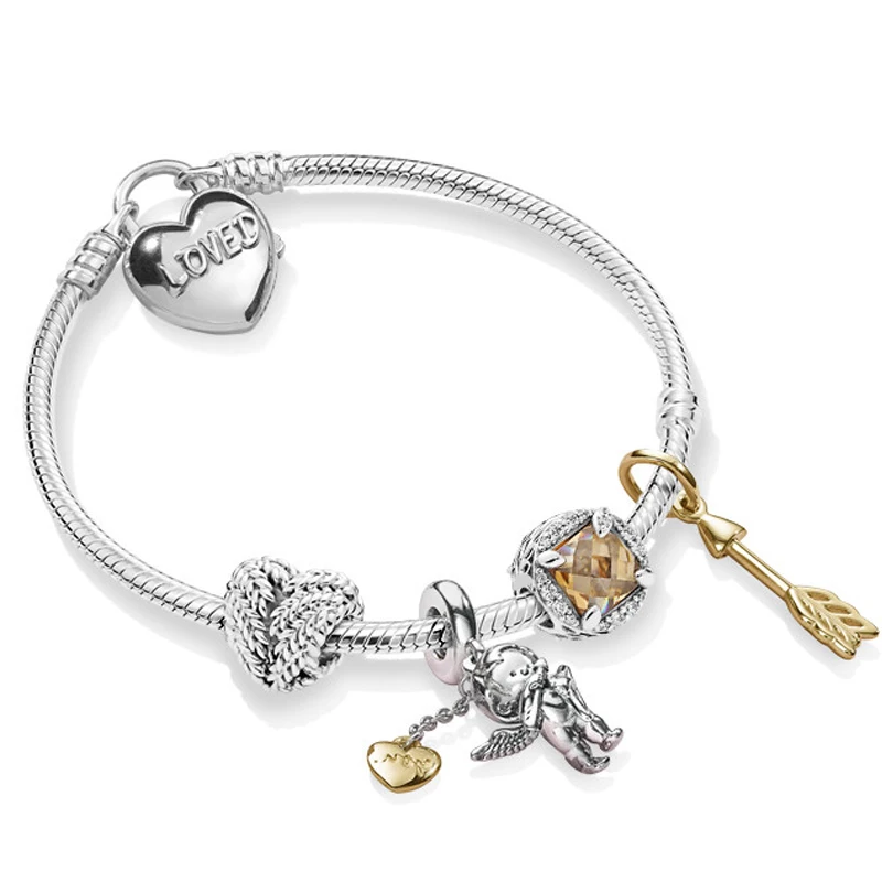 

BEST 100% 925 Sterling Silver ZT0245 Shining Love Cupid's Arrow Grain Heart Shaped Stringed Bracelet Set Valentine's Day Gift
