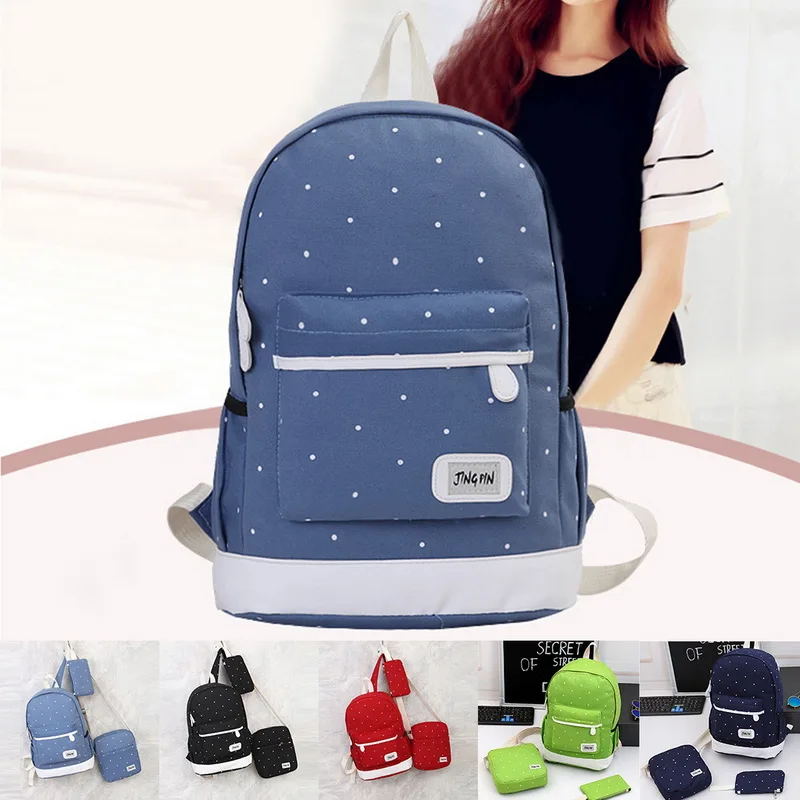 

Oeak Unisex Wave Point Water-proof Travel Backpack Canvas Student Shoulder Bag Three-piece Set School Bag