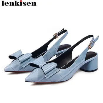 

Lenkisen luxury sheep leather chunky heels pointed toe slingback women pumps butterfly-knot decoration elegant lady shoes L73