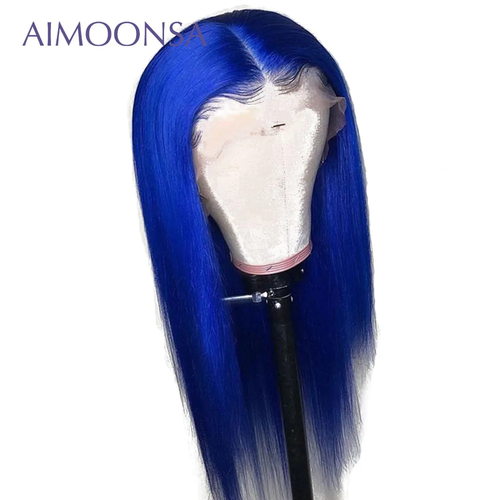 Синий парик Цветной человеческих волос парики для Для женщин бесклеевого парик 13x6 глубокий часть прямо Синтетические волосы на кружеве