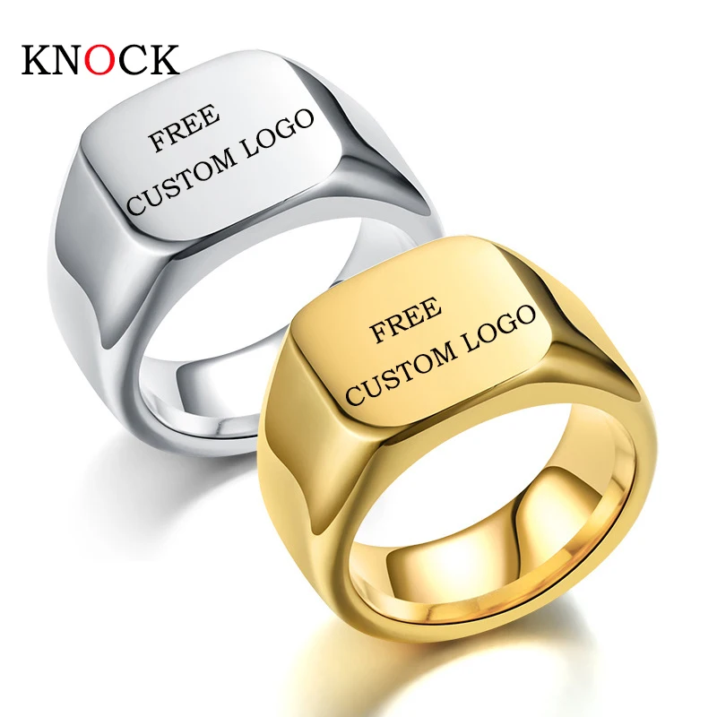 

KNOCK Fashion 316L Stainless Steel Mens Women Simple Style Polishing Silver Golden Square Ring Engraved the Photo and Name