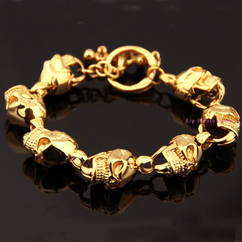 

European American Gold Skull Skeleton Shiny 316L Stainless Steel Bracelet Bangle For Cool Men's Jewelry 22cm*15MM 60G
