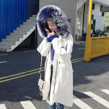 Огромный воротник из натурального меха енота, новинка, зимняя куртка для женщин, толстое теплое свободное Женское пальто, пуховик на белом утином пуху, длинная парка