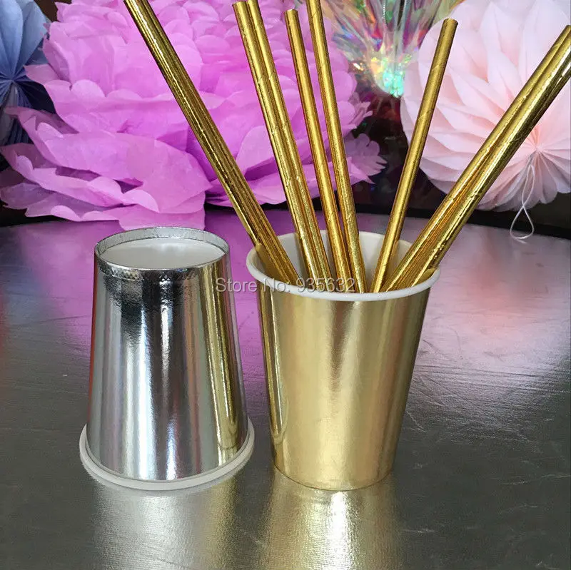 

Free Shipping 98pcs/lot New Hot Sell Foil Gold and Silver Drinking Paper Cups&Paper Straws for Party Wedding Birthday